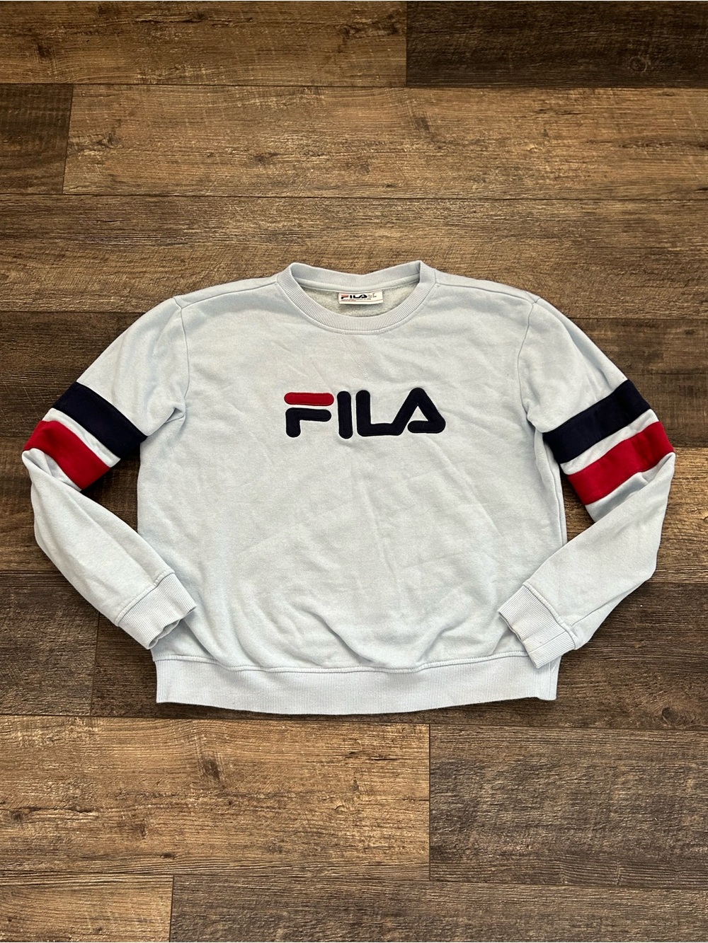 VTG FILA Logo Spellout Womens Sweatshirt Sz M Baby Blue Striped Crewneck Sweater